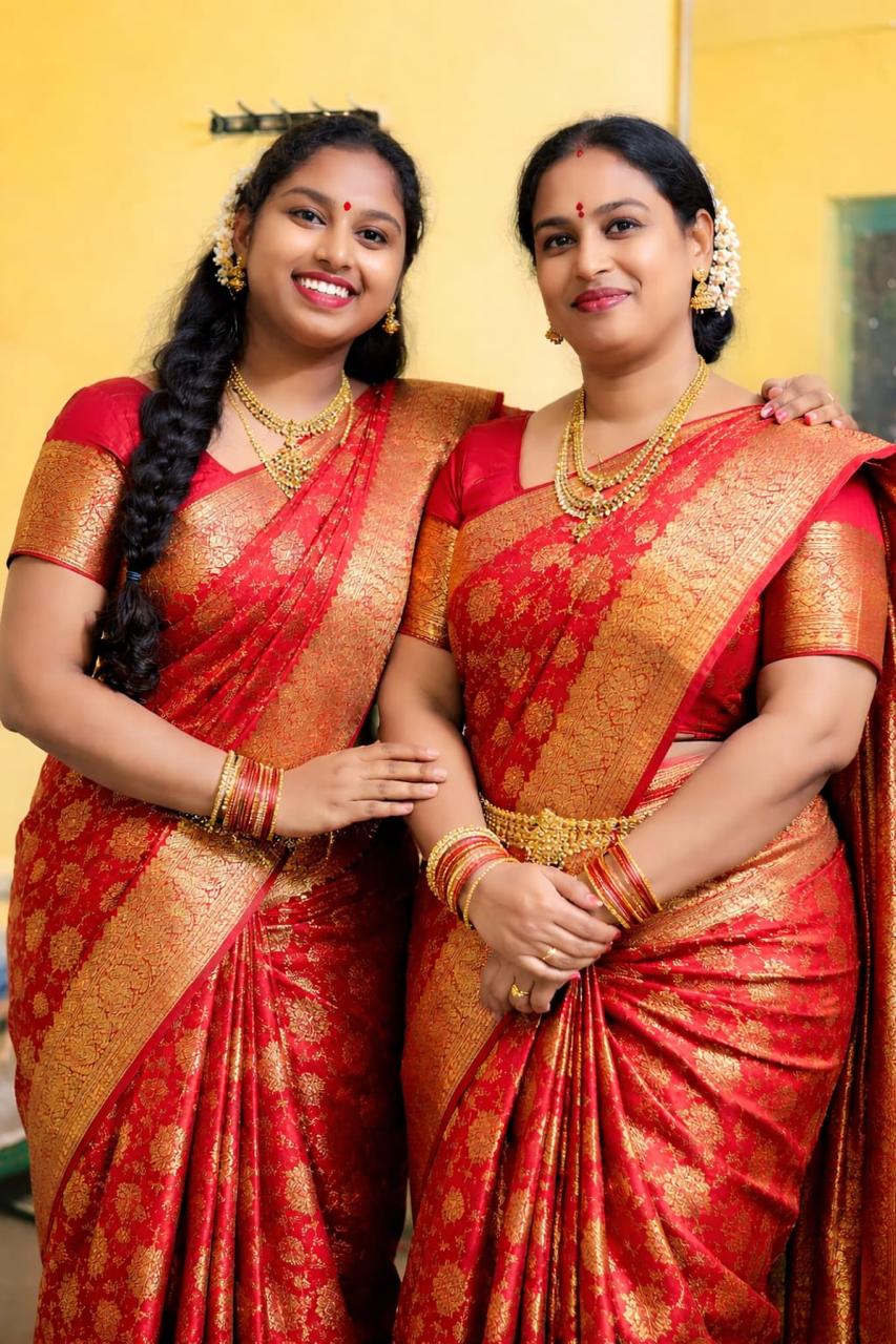 Our family in matching red Kanjeevaram sarees