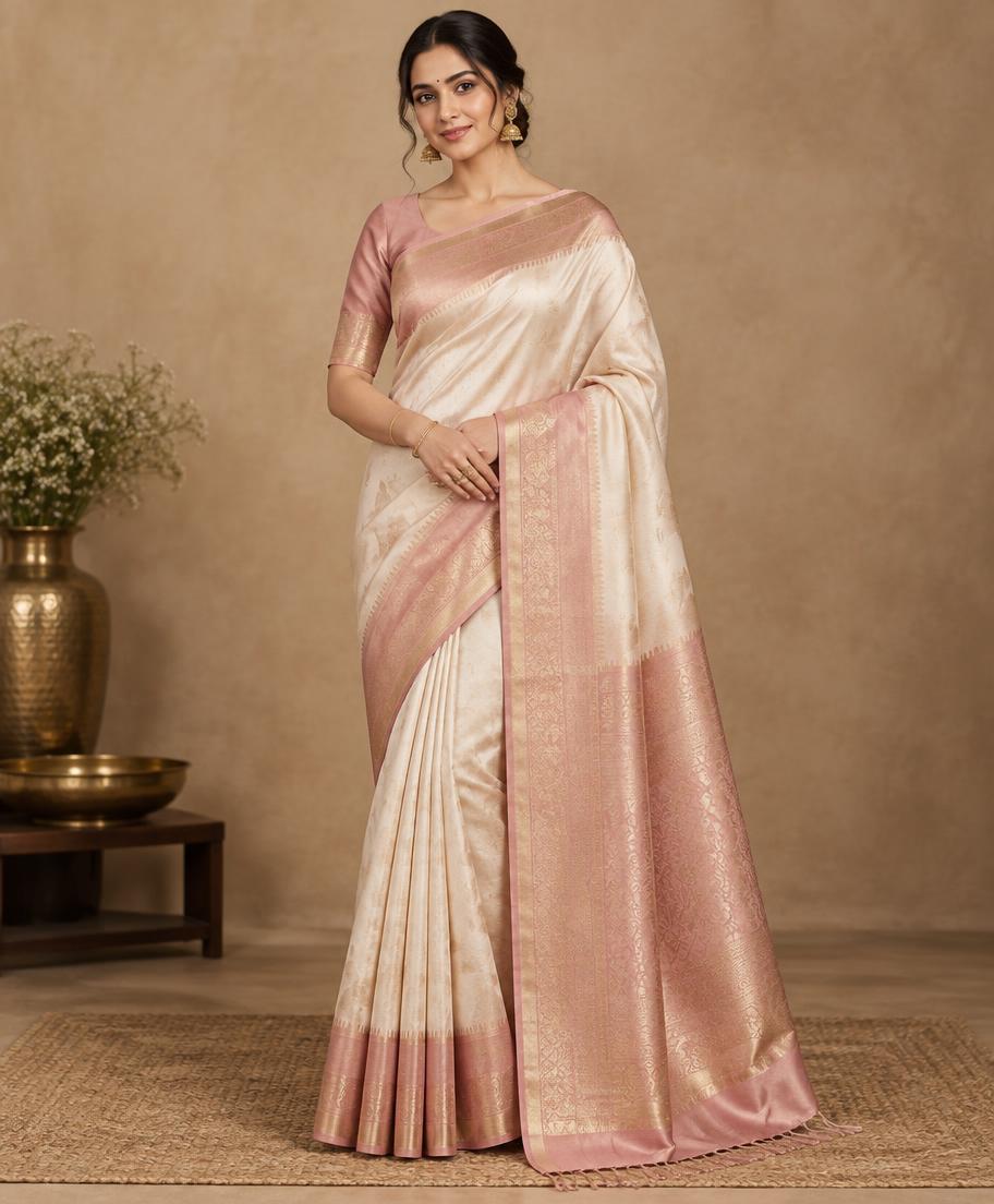Woman wearing an ivory and blush pink silk saree