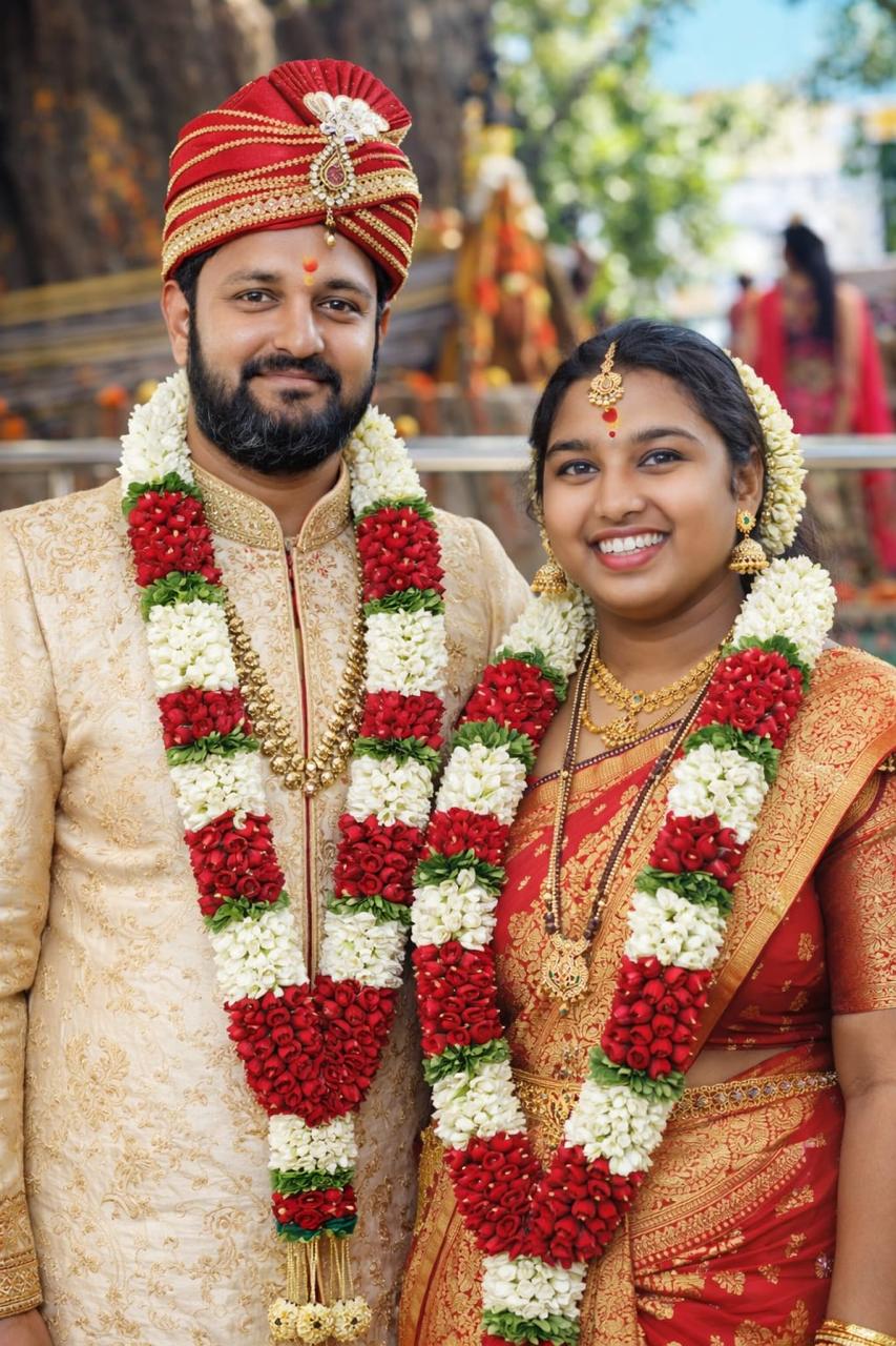 A newlywed couple in traditional wedding attire